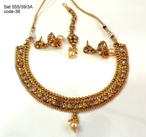 Antique Necklace Set - Copper Alloy, Polished Edges, Durable and Lightweight Design, Ethnic Motifs with Matching Earrings