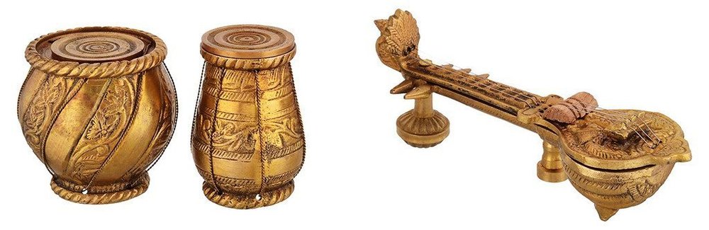 Brass Sitar and Tabla Dugi Set - 16 cm x 6 cm x 16 cm | Handmade, Eco-Friendly, Anti-Corrosive, Eye-Catching Home and Office Decor