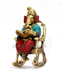 Yellow Ganesha Ganesh Ganpati Statue Reading Ramayan, Metal Brass Hindu God Statue