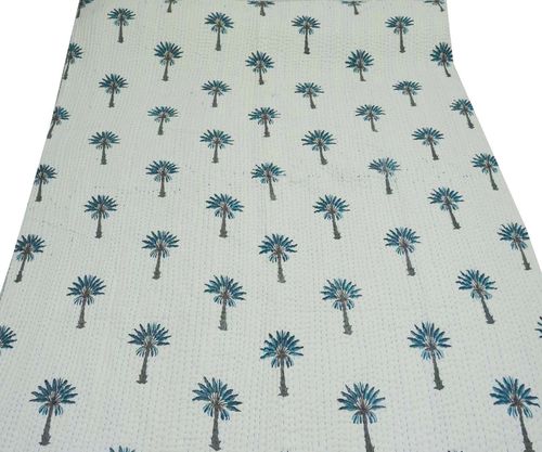 Blue Palm Tree Cotton Kantha Quilt