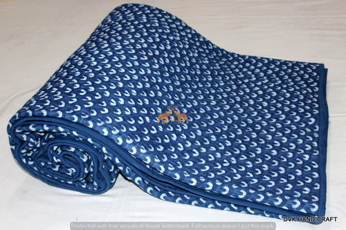 Handmade Block Print 100% Cotton Machine kantha Quilt Indigo Blue Queen