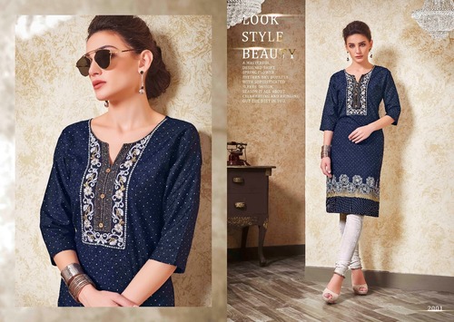 Ladies Kurti - Cotton, Customized Sizes (XS to XXXL), Blue and White | 3-4th Sleeve Style, Washable and Dry Cleanable, Perfect for All Seasons