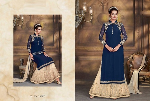 Navy Blue & Beige Exclusive Designer Georgette With Net Plazzo Suit