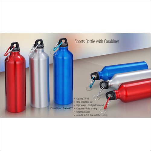 Sports Bottle With Carabiner - Metal, 750ml Size, Silver, Blue & Red | Soft, Customized Design with Durable Blow Molding Process