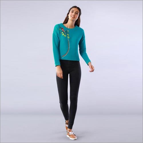 Bird Embroidered Blue Drop Shoulder Sweatshirt Bird Embroidered Blue Drop Shoulder Sweatshirt