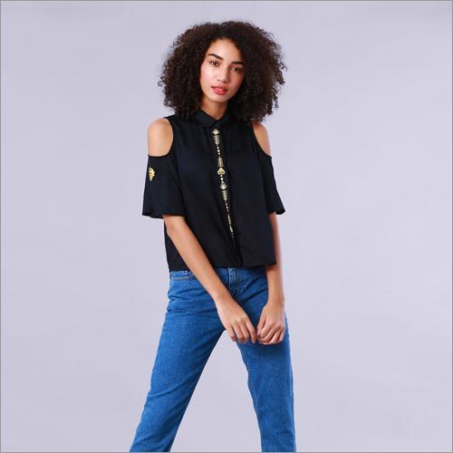 Owl Embroidered Cold Shoulder Black Shirt Owl Embroidered Cold Shoulder Black Shirt