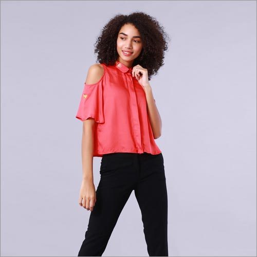 Owl Embroidered Cold Shoulder Coral Shirt Owl Embroidered Cold Shoulder Coral Shirt