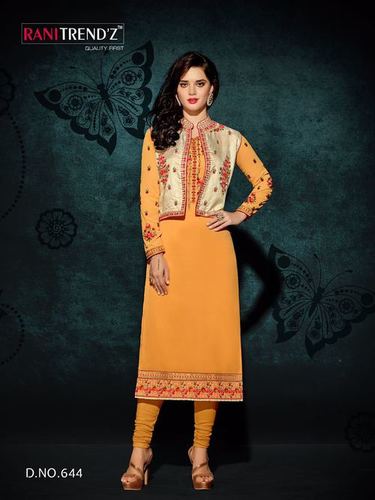 Designer Traditional Wear Kurti With Jacket - Heavy Fox Georgette Top, Satin Banglori Silk Jacket, Mustard Yellow, Embroidered, Sizes L-XXL