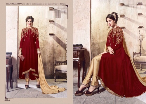 Flawless Red Velvet Designer Long Salwar Suit - Size 36 to 42 | Exquisite Embroidery, Zari & Lace Work, Matching Nazneen Dupatta