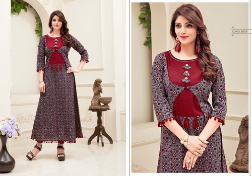 Ladies Fancy Kurti - Rayon, Customized Sizes from XXS to XXXL, Maroon Color, 3-4th Sleeves, Printed Pattern | Washable, Dry Cleanable, Ideal for All Seasons