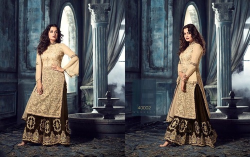 Cream & Brown Heavy Work Designer Palazzo Suit