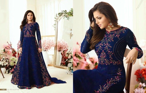 Georgette Salwar Kameez - Blue Long Suit , Full Sleeves with Elegant Embroidery and Lace Work, Silk Print Inner and Santoon Bottom