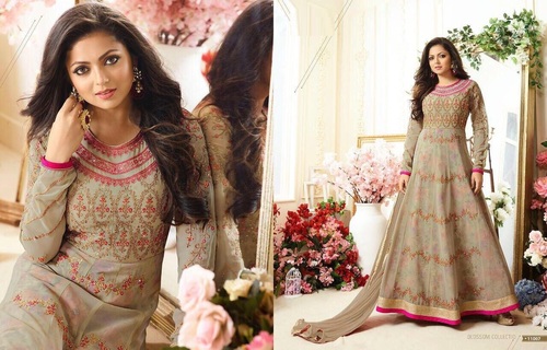 Beige Georgette Designer Long Suit - Unstitched, Embroidery & Lace Work, Customizable Sizes 36 to 42