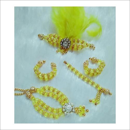 Laddu Gopal Crystal Jewellery - Iron Metal Material, Yellow Imitation Crystals with Golden Pearls, Magnificent Handcrafted Set Including Crown, Necklace, Flute, and Phools