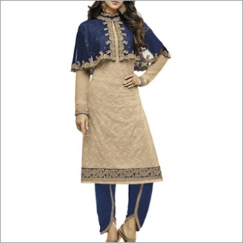 Beige And Navy Blue Georgette Dress Material