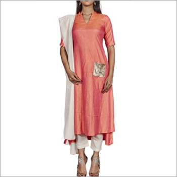 Designer Dark Peach Cuoss Kurti With Pant