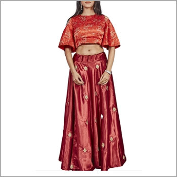 Orange And Red Raw Silk Crop Top With Skirt