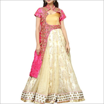 Designer Beige Gown With Pink Mulbary Coty