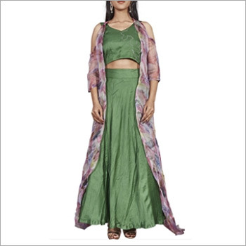 Green Crop Top And Skirt With Organza Jacket at Best Price in