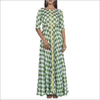 Green And White Checks Printed Long Gown