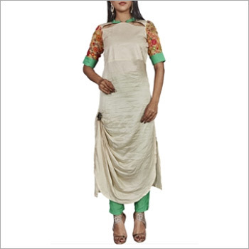Linen Satin Kurti With Green Bottom