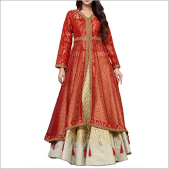 Beige And Maroon Top With Lehenga
