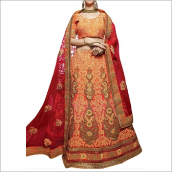 Orange And Marron Colored Silk Lehenga