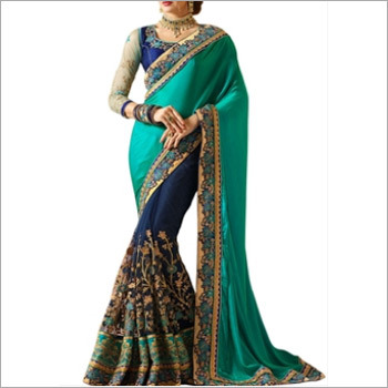 Teal And Dark Blue Banglori Silk Saree