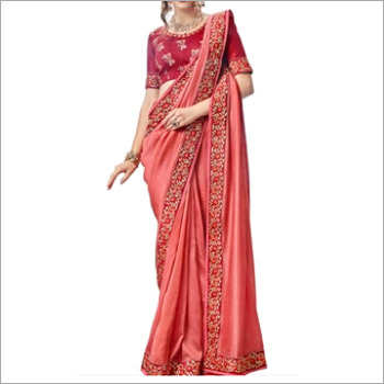 Peach And Red Faux Georgette Saree