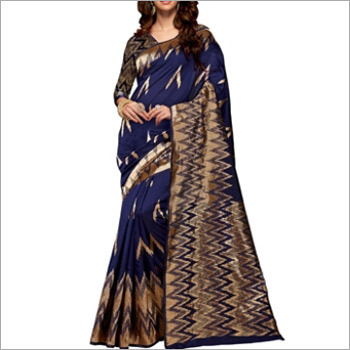 Navy Blue And Copper Cotton Silk Saree - Cotton Silk, Navy Blue & Copper, Unstitched Blouse Piece | Smooth Texture, Skin Friendly, Attractive Finish