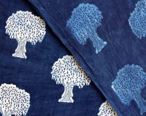 Hand Block Print Tree Print Cotton Indigo Blue Fabric