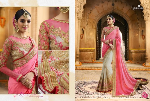 Pink And Cream Designer Fancy Saree