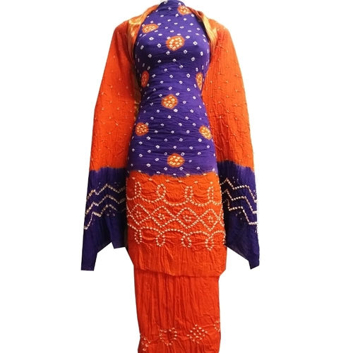 Orange Blue Bandhani Unstitched Salwar Suit