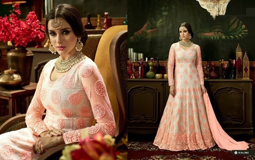 Designer Anarkali Suit - Net & Santoon, Peach & Off White with Full Sleeves, Exquisite Embroidery & Zari Work, Chiffon Dupatta Included