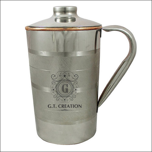 SS Copper Jug - 1.5 Liters, 10 inches Height x 4 inches Diameter, Silver Finish | Copper Lid, Ergonomic Handle, Leakproof, Elegant Design