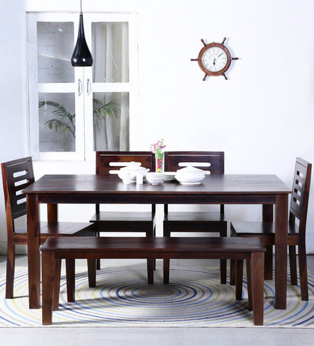 Handcrafted Six Seater Dining with Bench in Walnut