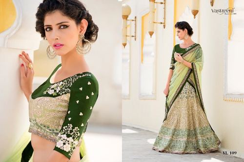 Green Embroidery Work Digital Print Lehenga Choli
