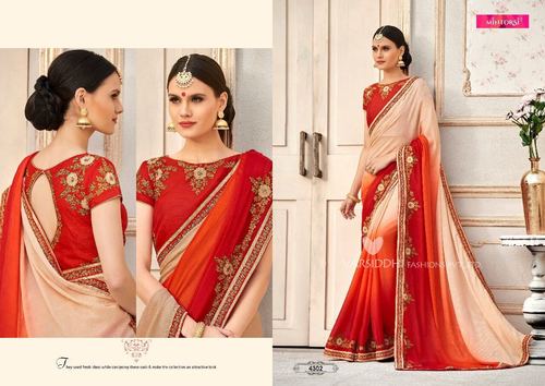 Red And Off White Shaded Designer Saree