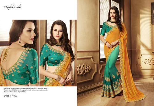 Half N Half Satin Embroidery Cut Work Saree