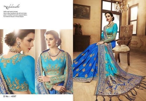 Blue Heavy Embroidery Work Party Wear Saree