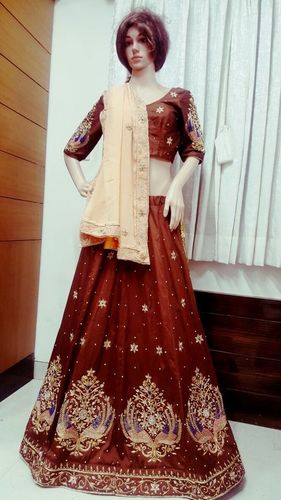 Designer Silk Lehenga - Available in M, S, L Sizes, Brown and Cream Printed | Quick Dry, Washable, Short Sleeves, Perfect for Festivals and Weddings