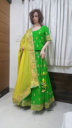 Designer Lehenga - Silk Print With Yellow and Green Shades | Custom Size, Quick Dry, Washable, Short Sleeves, Laces Designed for Festivals and Parties