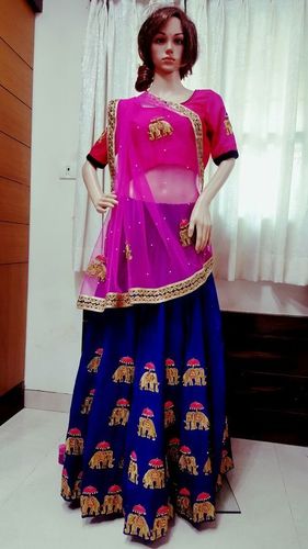 Designer Lehenga - Silk Fabric, Available in S, M, L Sizes | Pink and Blue Printed Pattern, Quick Dry and Washable, Ethnic Indian Style for Festivals and Weddings