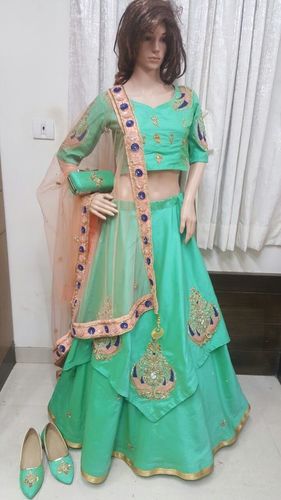 Designer Lehenga - Silk Material, Available in S, M, L Sizes | Green Printed Casual Ethnic Wear with Quick Dry Feature and Short Sleeves, Perfect for Festivals and Weddings