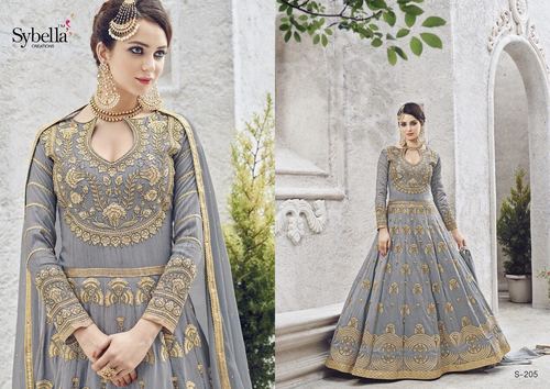 Grey Silk Embroidery Designer Party Wear Suit