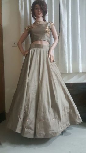 Ladies Top & A-Line Skirt - Silk Fabric, Grey Color | Crochet Embroidery, Elastic Waistband, Pleated Pattern