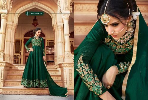 Dark Green Silk Designer Gown