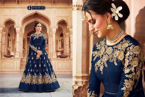 Blue Pure Silk Embroidery Work Designer Gown
