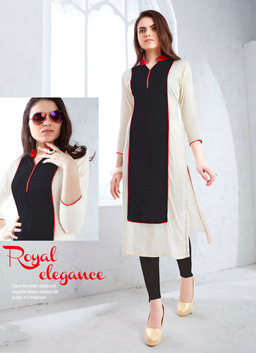 Cotton Black Cream Long Straight Kurti