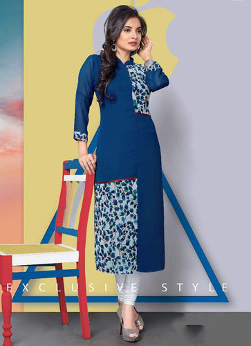 Cotton Blue Long Straight Kurti